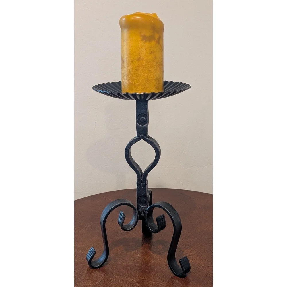 VTG Hand-Forged Black Iron Candle Holder Substantial Weight Scroll Design 13